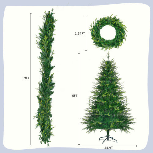 6FT Pre-Lit Aspen Fir Artificial Christmas Tree With Wreath & Garland,Grass Green Xmas Tree With 380 Multi-Color LED Lights, 11 Lighting Modes, 861 PE Branch Tips, For Indoor Holiday Decor