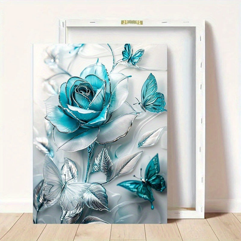 Elegant Turquoise Blue Crystal Rose & Teal Butterflies Canvas Wall Art With Wooden Frame - Classic Decorative Poster For Living Room, Bedroom, Home Office--Selling On Temu Is Prohibited