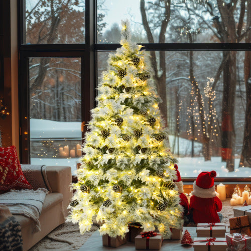 6FT Pre-Lit Spruce Snow Flocked Christmas Tree With Pine Cones, Artificial Xmas Tree With 403 Branch Tips,Mixed PE  PVC Branches, 250 Multi-Color LED Lights, 11 Flashing Modes, Holiday Decor