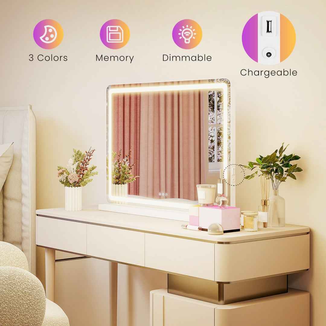 Vanity Mirror With Lights, LED Makeup Mirror With Dimmable 3 Color Modes, Touch Screen Control Vanity Based Mirror Desk Mirror Square White