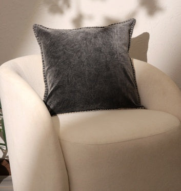 Stonewashed Cotton Velvet Throw Pillow With Decorative Handstiched Edges-19X19 Inch