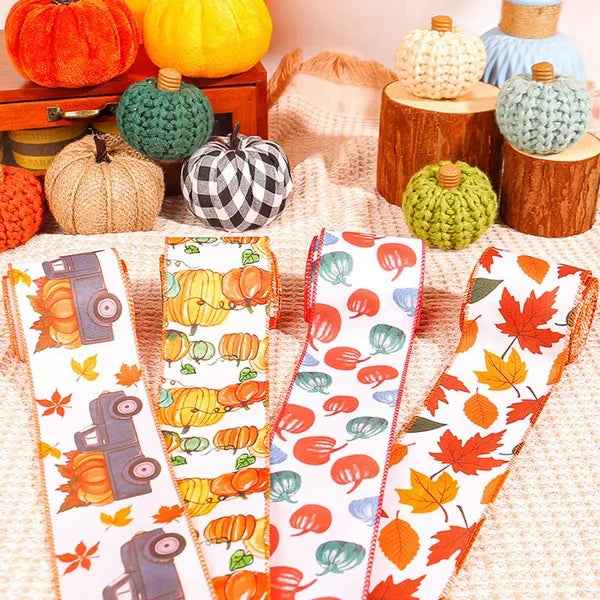 4Rolls 20Yards Thanksgiving Ribbons Autumn Wired Edge Ribbon Fall Themed Decorative Ribbon Pumpkin Maple Leaf Truck Grosgrain Ribbon For Thanksgiving Autumn Fall Party DIY Crafting Supplies