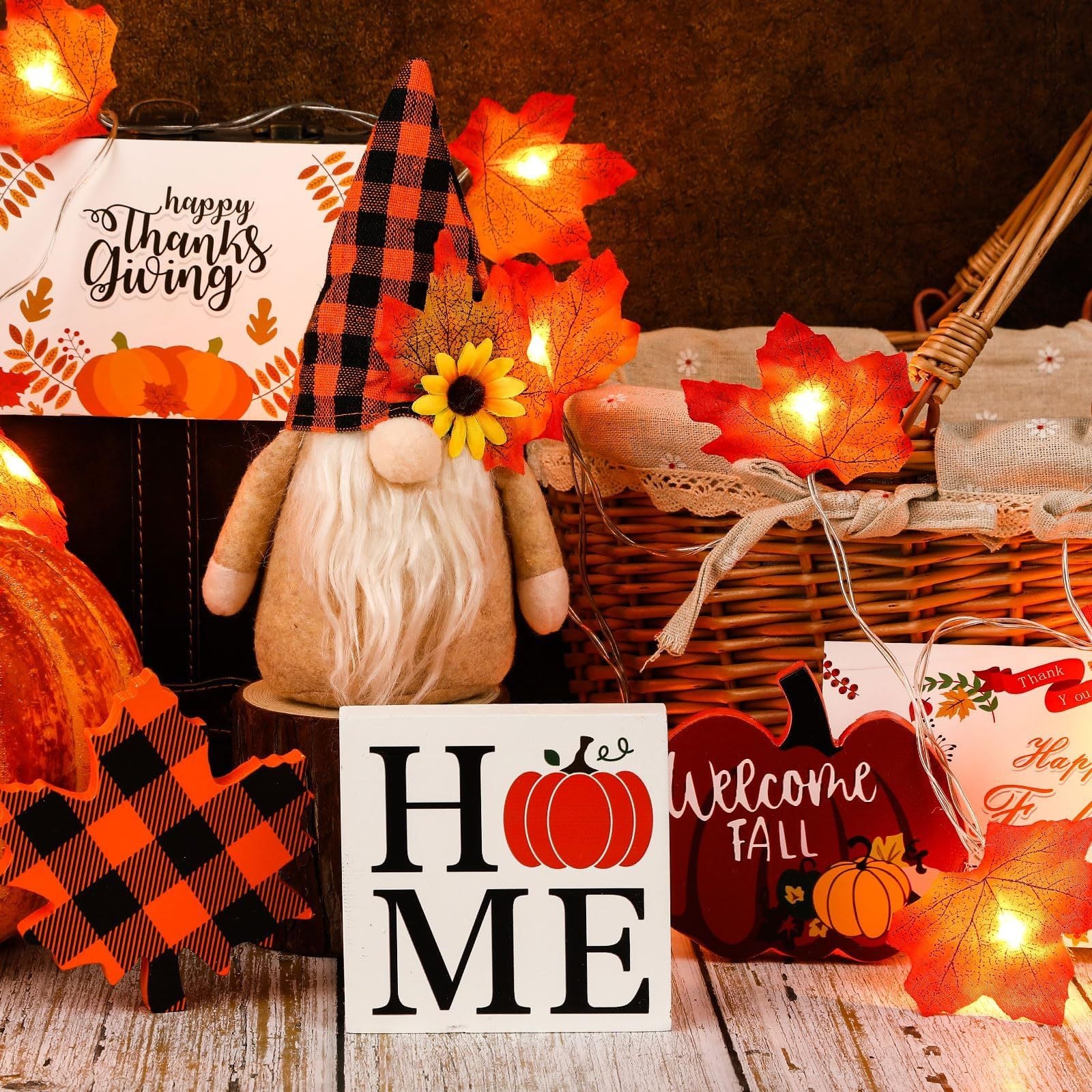 Fall Gnome Tiered Tray Decorations Set Farmhouse Pumpkin Decor Autumn Maple Leaf Table Centerpieces With Fall String Lights Thankgiving Day Fall Greeting Card Autumn Harvest Decorations