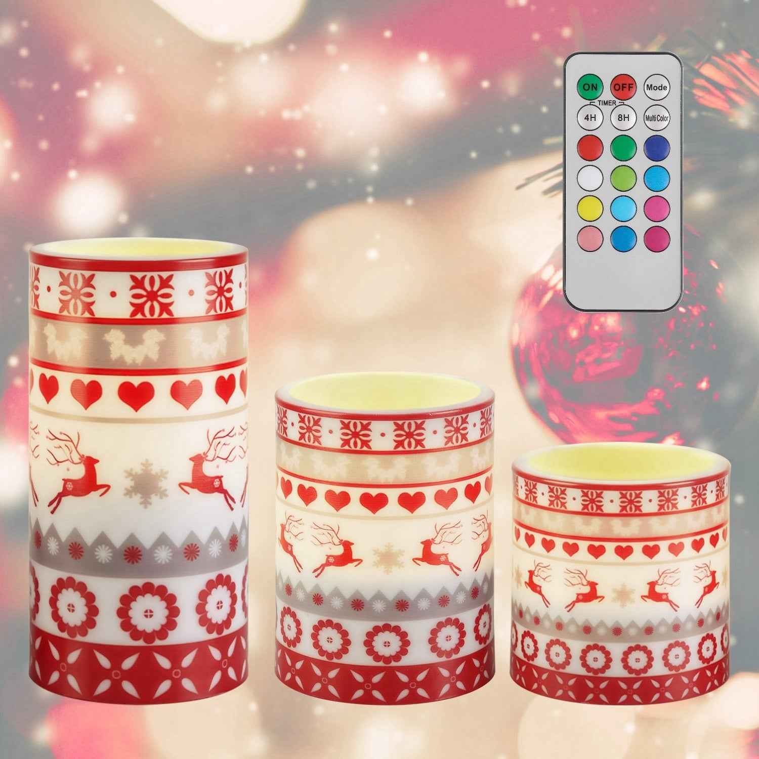 3-Pack Christmas Flameless LED Candles Deer Flickering Candle Lights Pillar Candles With 3 Lighting Modes Timer Remote Control