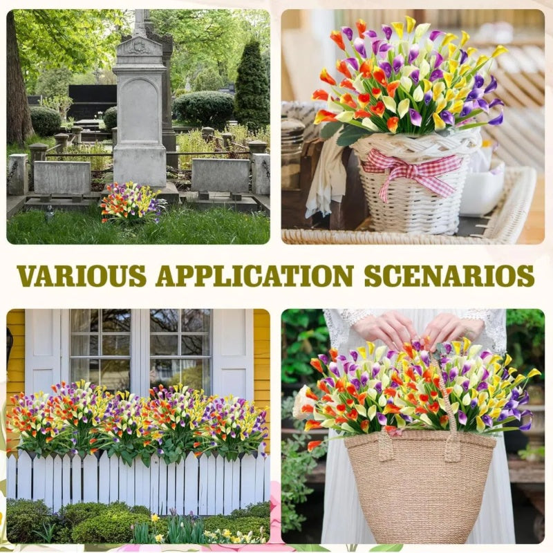 5 Bundles Artificial Calla Lily Realistic UV Resistant Fake Flowers Faux Plastic Long Stem Plants For Indoor Planter Home Porch Yard Spring Summer Cemetery Decor