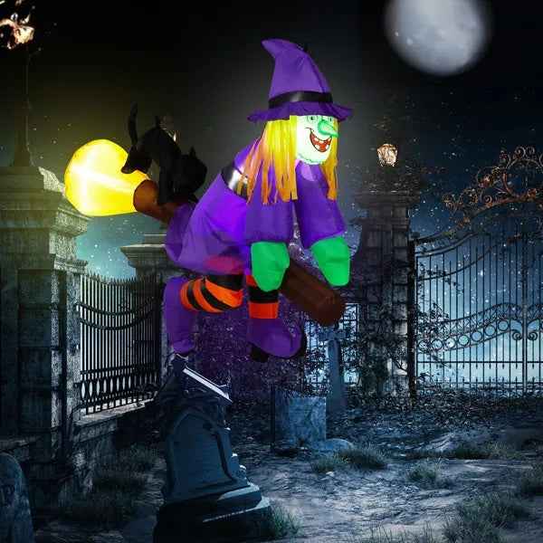 3.9 FT Halloween Inflatable Witch Riding Broom Broke Out From Window Outdoor Decorations, Scary Blow Up Decor With Built-in LED Lights For Holiday Party Yard Lawn Garden Decor Indoor Outdoor