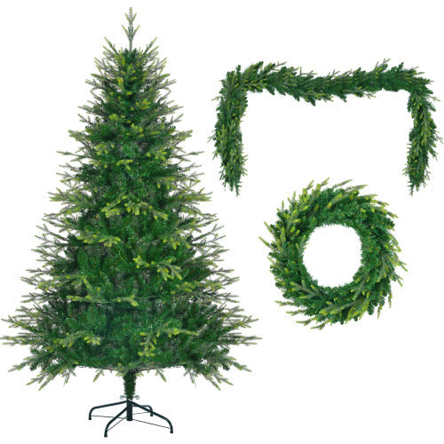 6FT Pre-Lit Aspen Fir Artificial Christmas Tree With Wreath & Garland,Grass Green Xmas Tree With 380 Multi-Color LED Lights, 11 Lighting Modes, 861 PE Branch Tips, For Indoor Holiday Decor