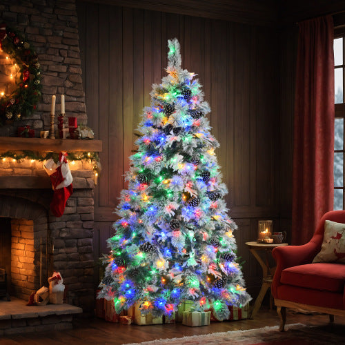 6FT Pre-Lit Spruce Snow Flocked Christmas Tree With Pine Cones, Artificial Xmas Tree With 403 Branch Tips,Mixed PE  PVC Branches, 250 Multi-Color LED Lights, 11 Flashing Modes, Holiday Decor