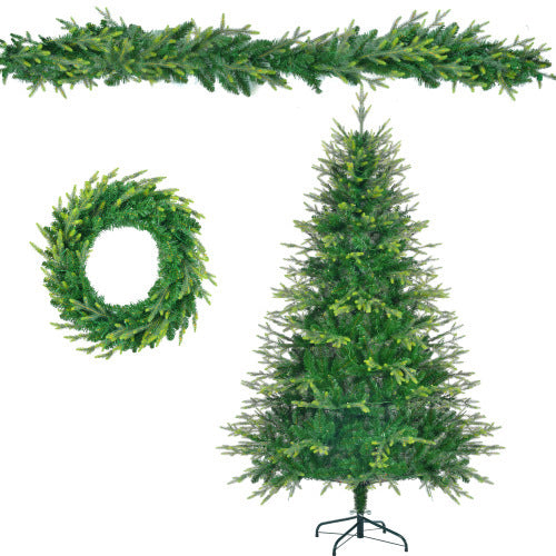 6FT Pre-Lit Aspen Fir Artificial Christmas Tree With Wreath & Garland,Grass Green Xmas Tree With 380 Multi-Color LED Lights, 11 Lighting Modes, 861 PE Branch Tips, For Indoor Holiday Decor