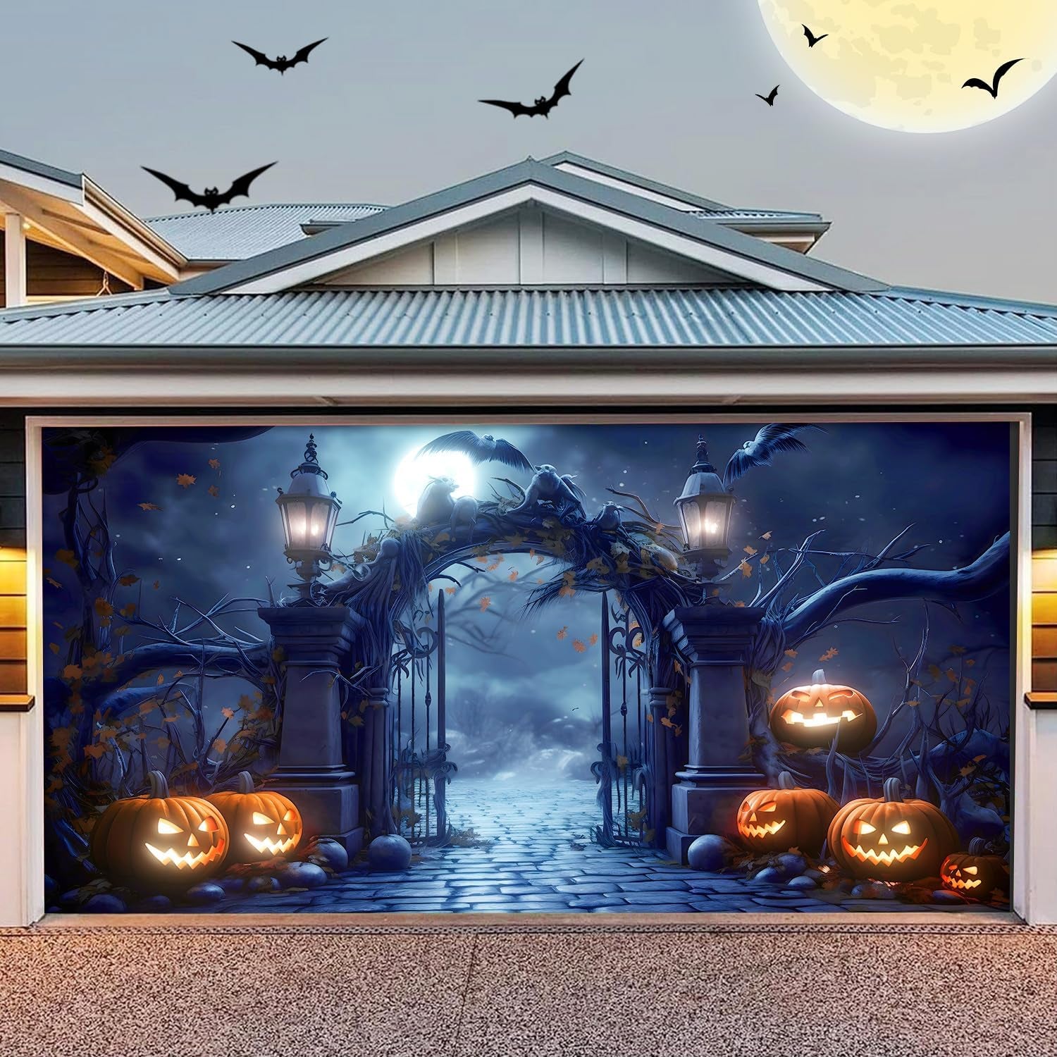 Halloween Garage Door Cover 7X16 Ft - Outdoor Decor for Parties and Photos