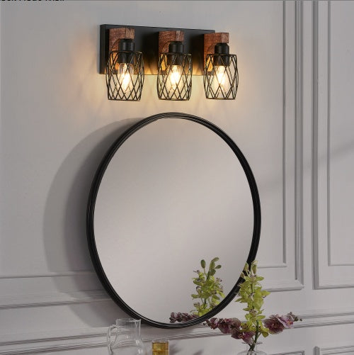 18 Industrial Vintage 3-Light Wall Sconce - Black Cage Wall Light Fixture With Wooden Accents For Bathroom, Hallway, Or Living Room, Bulb Not Included
