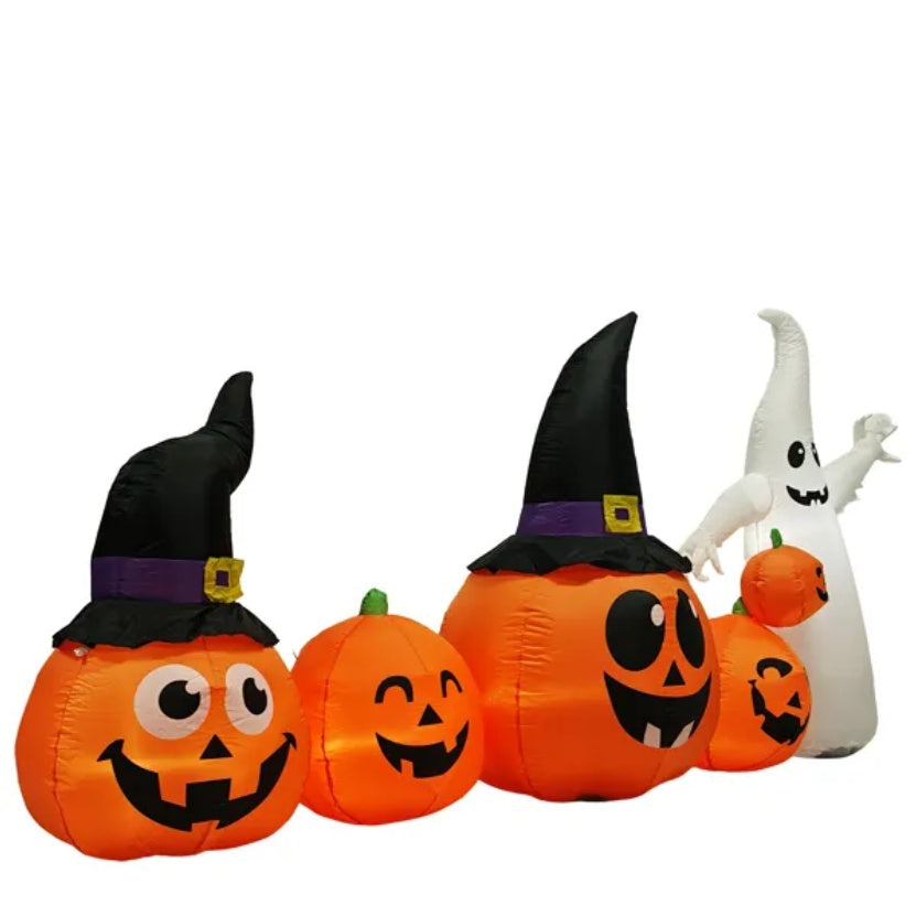 8FT Long Halloween Inflatables Pumpkins Ghost Outdoor Decorations, Blow Up Yard Decoration With Built-in LEDs Lighted For Lawn Garden Outside Indoor Decor