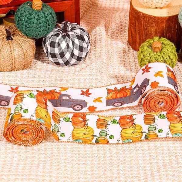 4Rolls 20Yards Thanksgiving Ribbons Autumn Wired Edge Ribbon Fall Themed Decorative Ribbon Pumpkin Maple Leaf Truck Grosgrain Ribbon For Thanksgiving Autumn Fall Party DIY Crafting Supplies