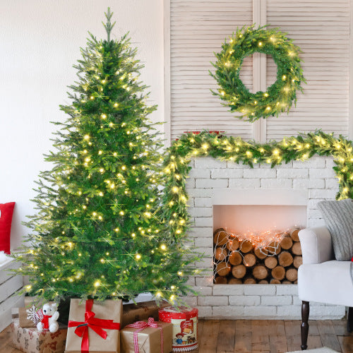 6FT Pre-Lit Aspen Fir Artificial Christmas Tree With Wreath & Garland,Grass Green Xmas Tree With 380 Multi-Color LED Lights, 11 Lighting Modes, 861 PE Branch Tips, For Indoor Holiday Decor