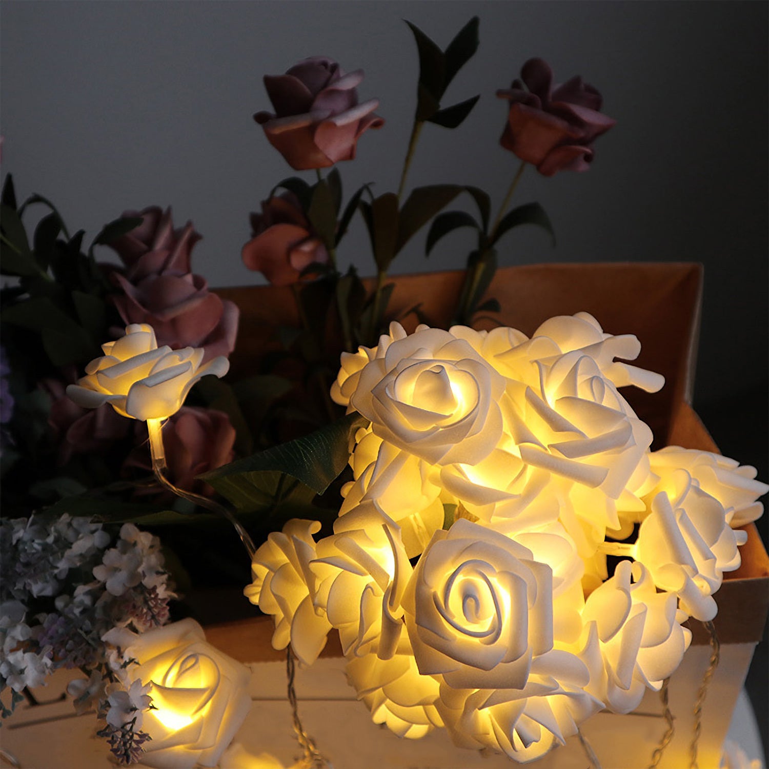 1Pc 40 LEDs Rose Flower String Lights 10ft 3m Battery Operated Decorative Lights For Anniversary Valentine's Wedding Bedroom
