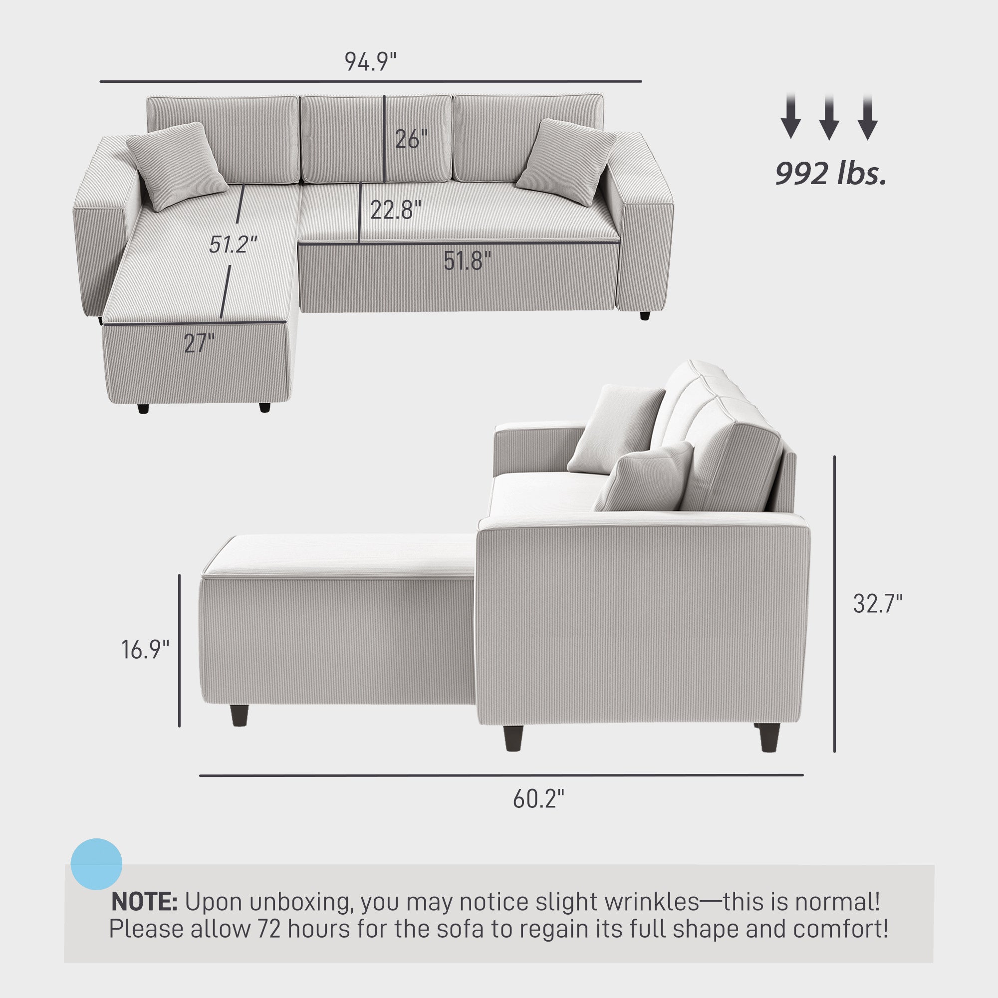 Corner Sofa With Reversible Chaise Lounge, Corduroy L-Shaped Sectional Sofa With Pocket Spring, Light Gray