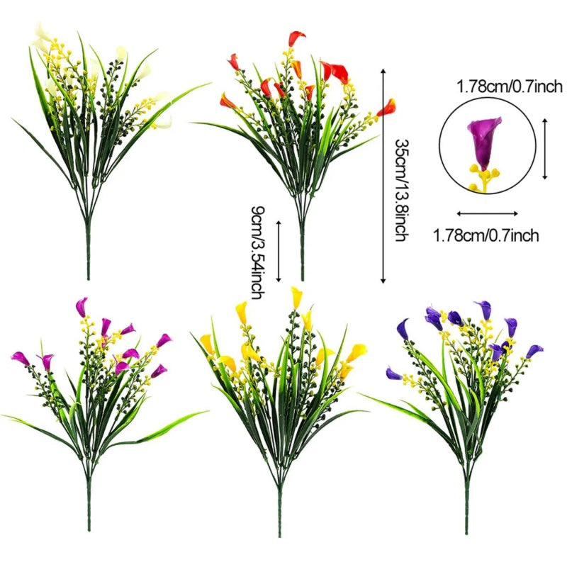 5 Bundles Artificial Calla Lily Realistic UV Resistant Fake Flowers Faux Plastic Long Stem Plants For Indoor Planter Home Porch Yard Spring Summer Cemetery Decor