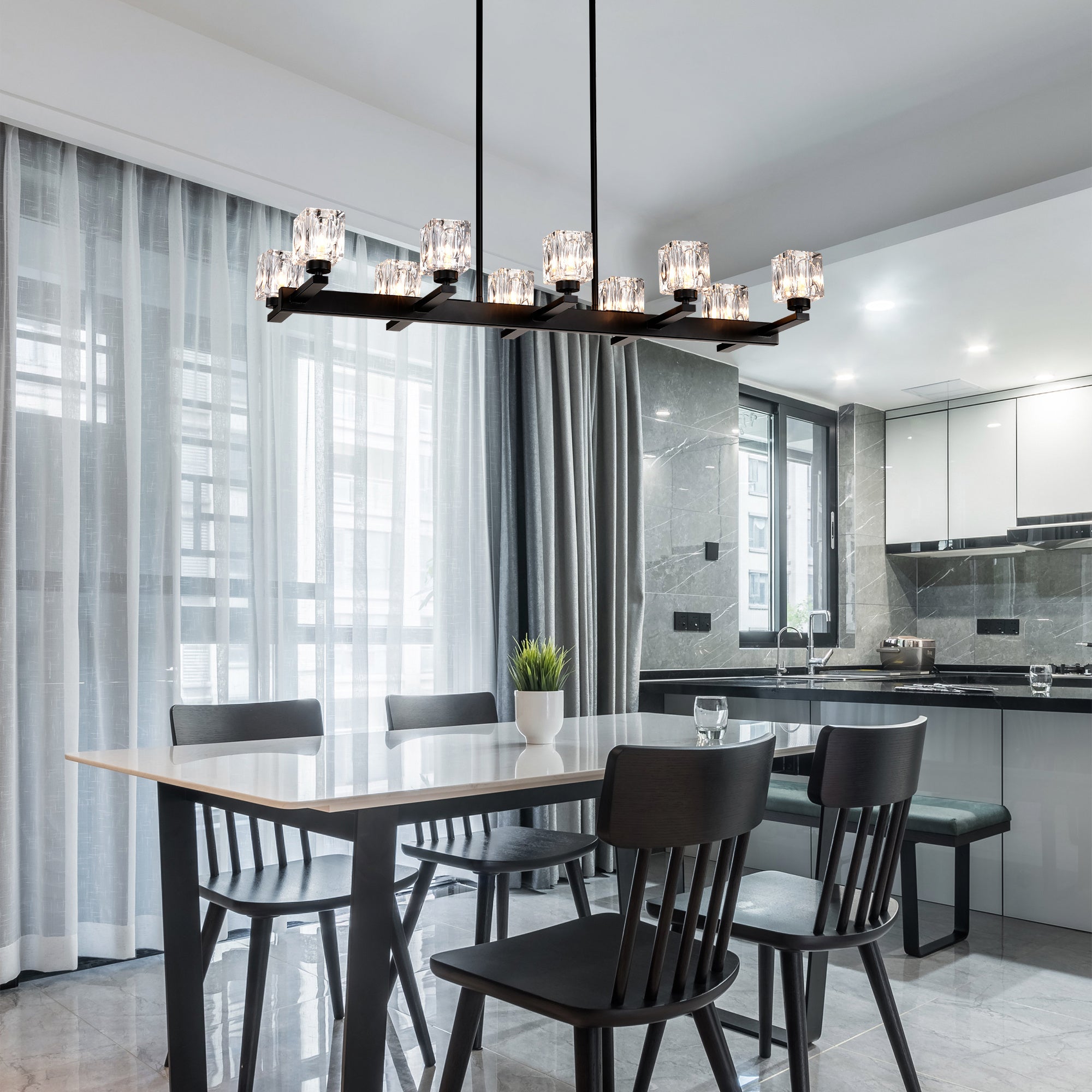 Chandelier For Dining Room, 10-Light Black Farmhouse Linear Pendant Light Fixture, Modern Crystal Hanging Lighting Chandelier For Kitchen Island, Bar, Long Table, G9 Bulb