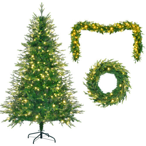 6FT Pre-Lit Aspen Fir Artificial Christmas Tree With Wreath & Garland,Grass Green Xmas Tree With 380 Multi-Color LED Lights, 11 Lighting Modes, 861 PE Branch Tips, For Indoor Holiday Decor