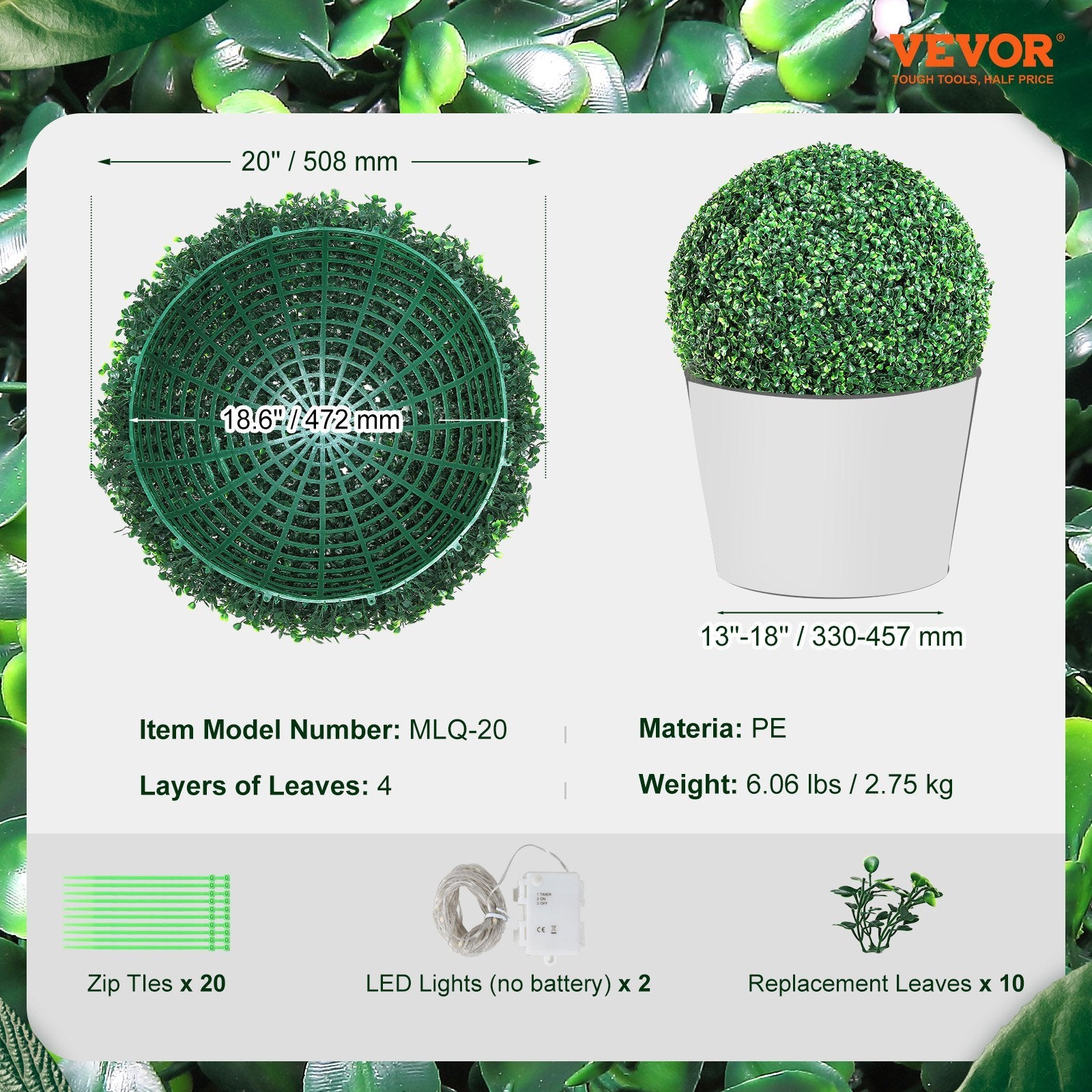 VEVOR Artificial Topiary Boxwood Trees, 20Tall  2 Pieces, Ball Shape Faux Topiary Plant, All Year Green Faux Plant Decorative Balls For Backyard, Balcony, Garden, Wedding, And Home