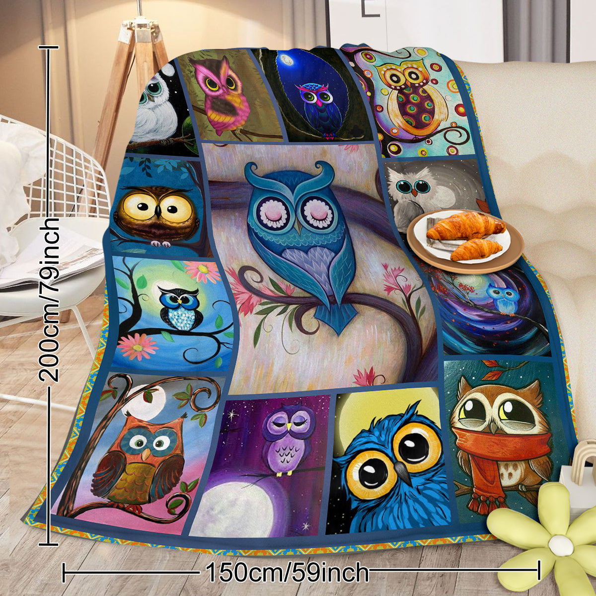 Moon Owl Flannel Fleece Blanket Cozy Fuzzy Warm Flannel Blanket Cute Night Owl Blanket Soft Plush Throw Blanket For Owl Lovers 30x40 Inches 50x60 Inches 60x80 Inches