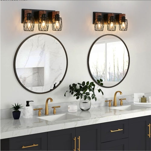 18 Industrial Vintage 3-Light Wall Sconce - Black Cage Wall Light Fixture With Wooden Accents For Bathroom, Hallway, Or Living Room, Bulb Not Included