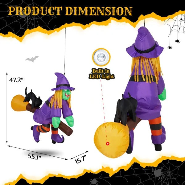 3.9 FT Halloween Inflatable Witch Riding Broom Broke Out From Window Outdoor Decorations, Scary Blow Up Decor With Built-in LED Lights For Holiday Party Yard Lawn Garden Decor Indoor Outdoor
