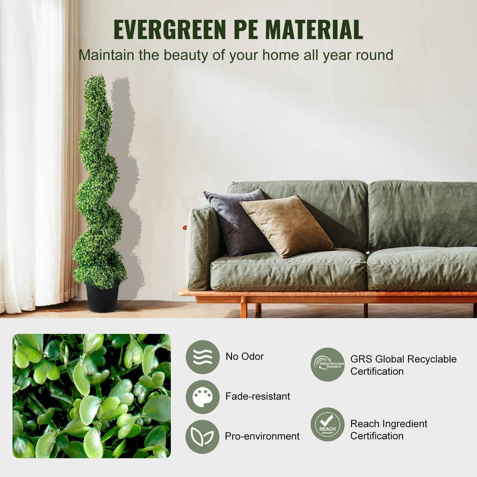 2 Pcs. Artificial Boxwood Tower Topiary Spiral Artificial Plant 122cm High Decorative Plant Green Plastic PE Iron Topiary Plants Incl. 10 Pcs. Replacement Leaves