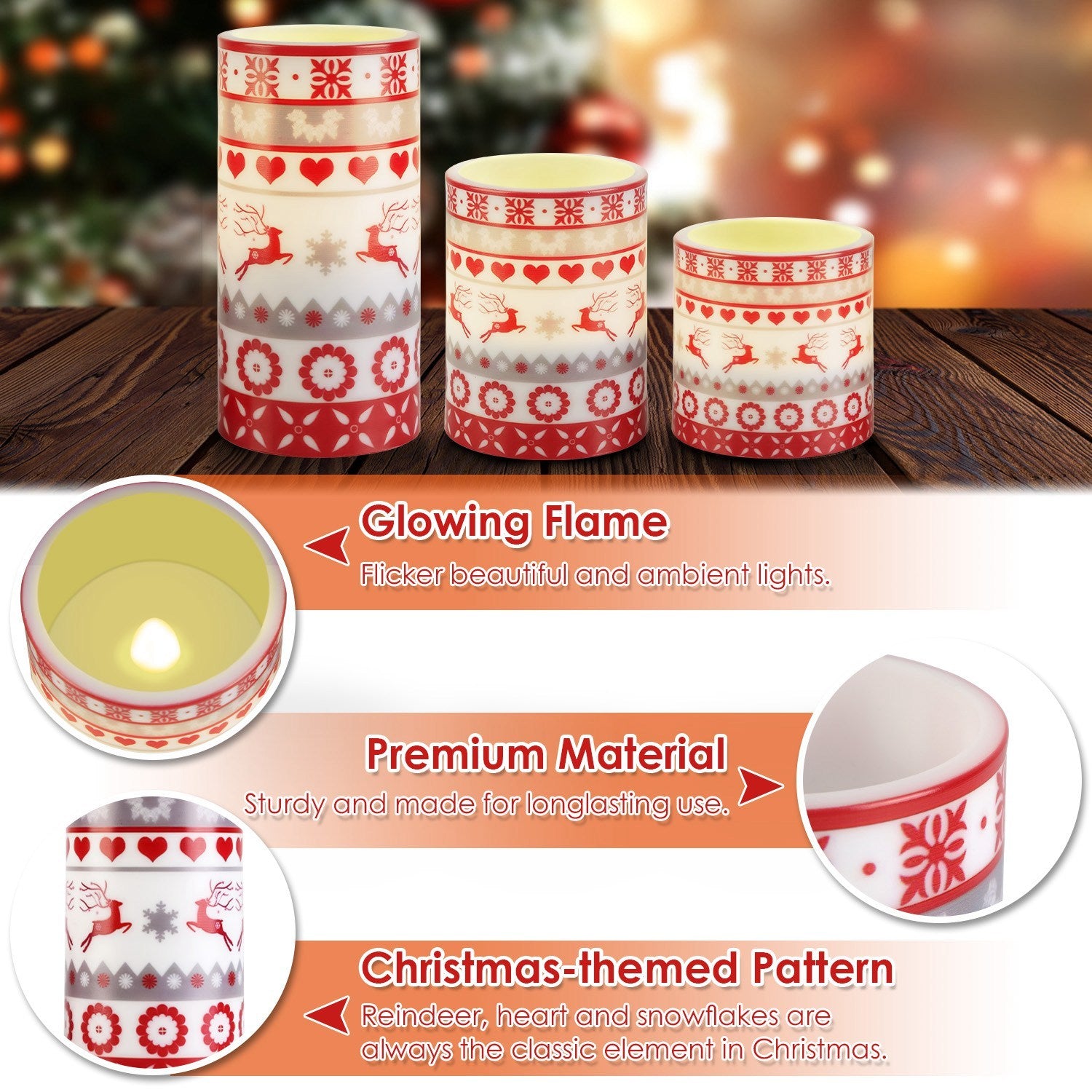 3-Pack Christmas Flameless LED Candles Deer Flickering Candle Lights Pillar Candles With 3 Lighting Modes Timer Remote Control