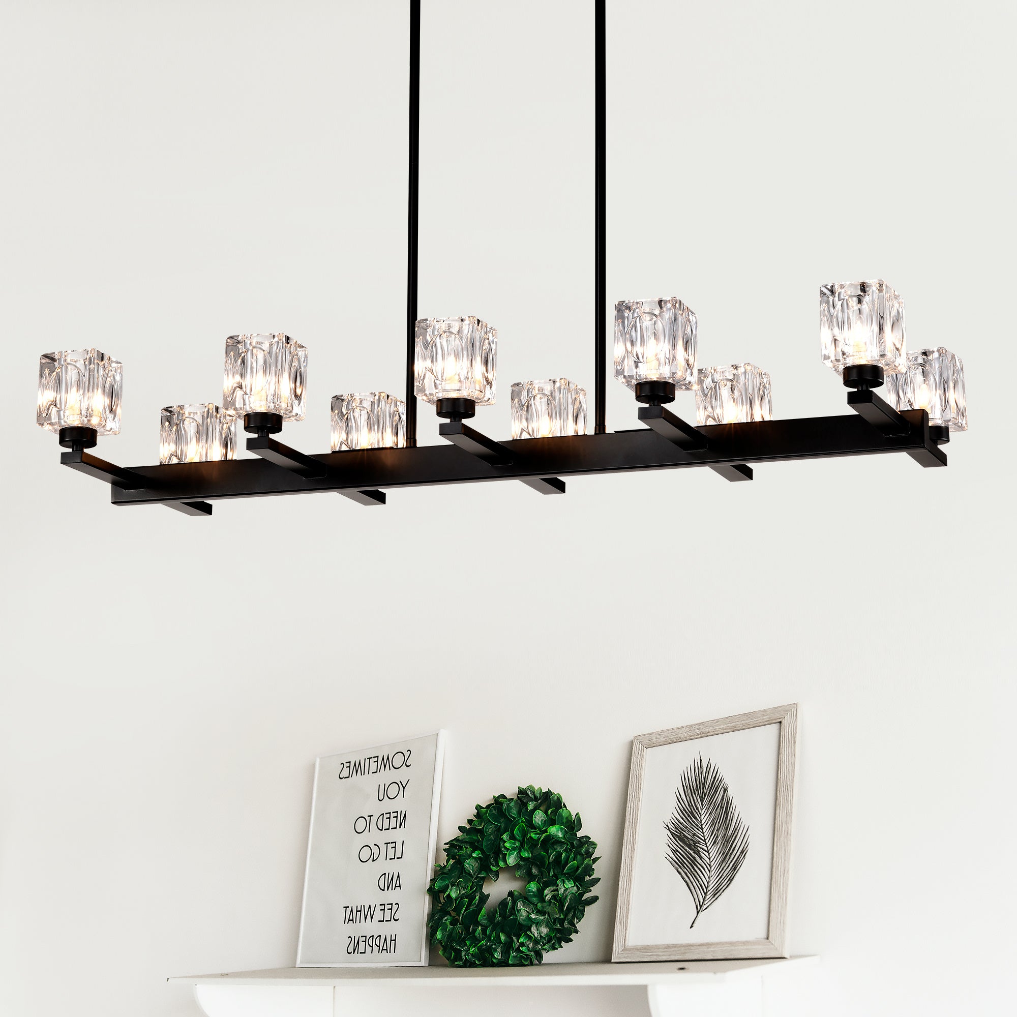 Chandelier For Dining Room, 10-Light Black Farmhouse Linear Pendant Light Fixture, Modern Crystal Hanging Lighting Chandelier For Kitchen Island, Bar, Long Table, G9 Bulb